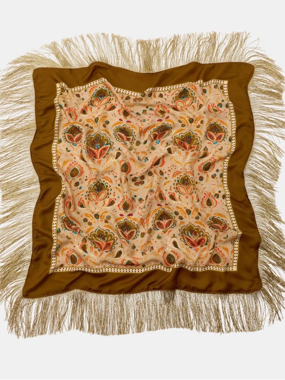 Zara Floral Paisley Fringe Scarf - Brown & Cream